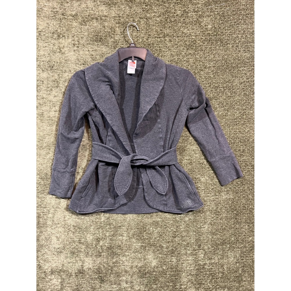 The North Face Wrap Jacket Womens Small Gray Cotton Blend Shawl Collar Belted